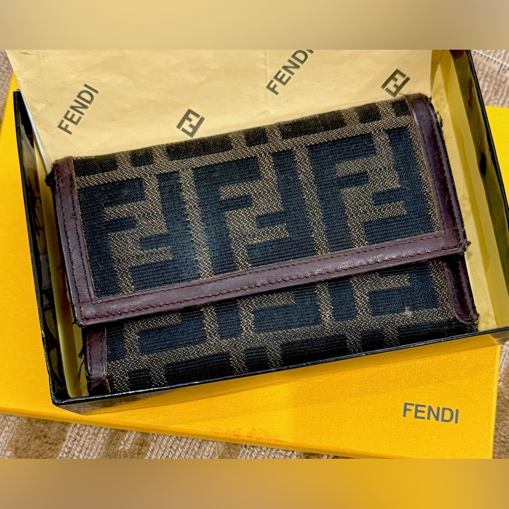 Fendi Vintage Zucca FF canvas and leather trifold wallet